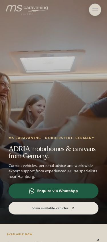 Reale englische Mobile-Website von ms caravaning: ADRIA-Fahrzeuge aus Deutschland und internationaler Export.