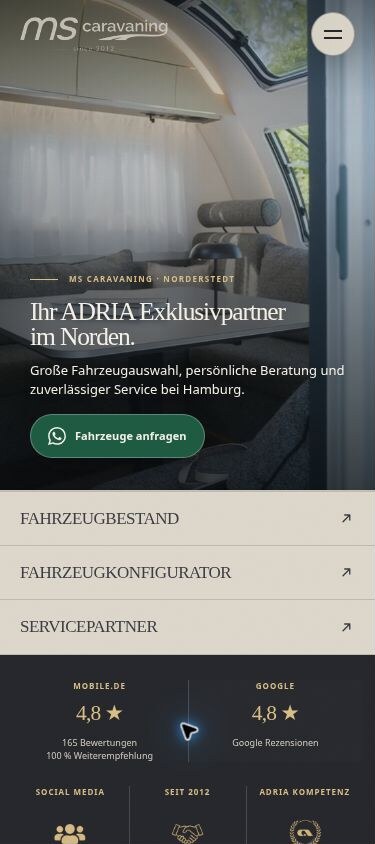 Mobile Startseite von MS Caravaning im kompakten Smartphone-Rahmen
